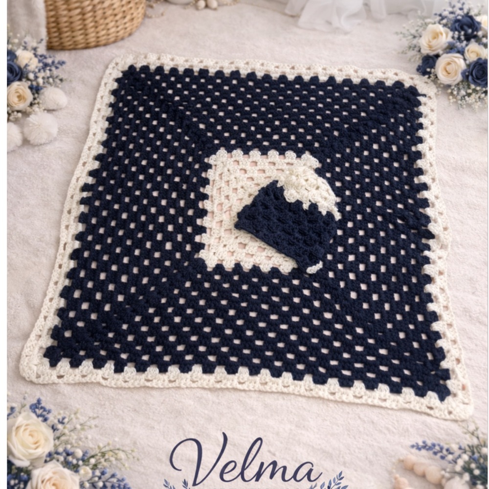 Navy and Cream Crochet Blanket with Hat